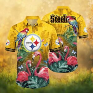 Pittsburgh S Hawaiian Shirtlers NFL Yellow Tropical Parrot and Flamingo Hawaiian Shirt