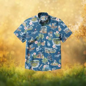 Reyn Spooner MLB Los Angeles Dodgers Stadium Print Hawaiian Shirt Blue Heritage Collage