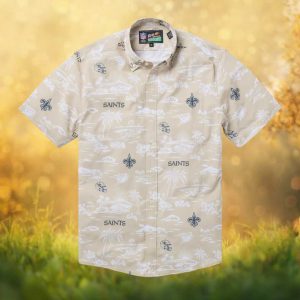 Reyn Spooner NFL New Orleans Saints Tan Fleur de lis Scenic Hawaiian Shirt