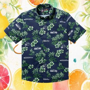 Reyn Spooner NFL Seattle Seahawks Navy & Green Hibiscus Tropical Hawaiian Shirt