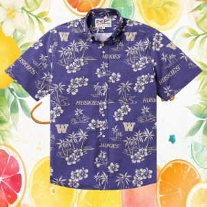 Reyn Spooner Washington Huskies Hawaiian Shirt Purple W Logo Tropical Button Down