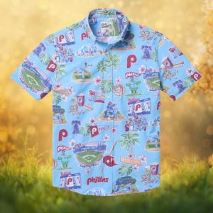 Reyn Spooner x MLB Philadelphia Phillies Light Blue Scenic Stadium & Mascot Hawaiian Shirt
