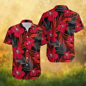 San Francisco 49ers Dark Tropical Palm & Red Hibiscus Floral Hawaiian Shirt