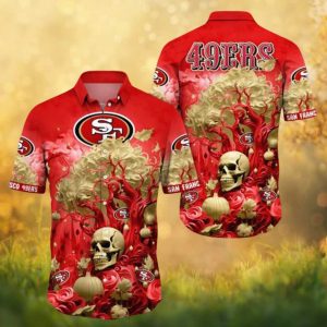 San Francisco 49ers Gothic Skull Rose Floral Red Graphic Hawaiian Shirt San Francisco 49ers Gothic Skull Rose Floral Red Graphic Hawaiian Shirt
