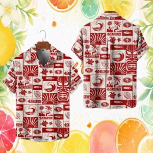 San Francisco 49ers Scarlet Tiki Mask Hibiscus Floral Hawaiian Shirt