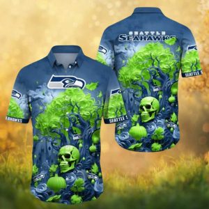 Seattle Seahawks Gothic Skull Neon Green Smoke Graphic Hawaiian Shirt Seattle Seahawks Gothic Skull Neon Green Smoke Graphic Hawaiian Shirt