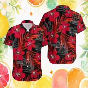 San Francisco 49ers Dark Tropical Palm & Red Hibiscus Floral Hawaiian Shirt San Francisco 49ers Dark Tropical Palm & Red Hibiscus Floral Hawaiian Shirt