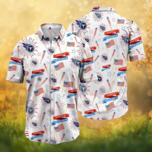 Tennessee Titans Fireworks & US Flag Pattern 4th of July Festive NFL Hawaiian Shirt