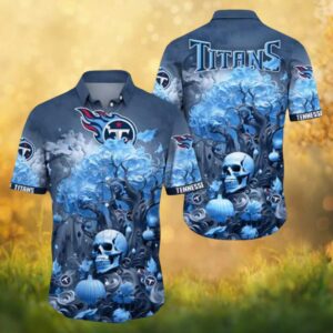 Tennessee Titans Gothic Blue Skull and Pumpkin Spooky Tree Hawaiian Shirt