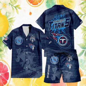 Tennessee Titans NFL Custom Name Navy Grunge Action Graphic Hawaiian Shirt and Shorts Set