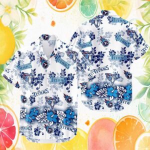 Tennessee Titans White & Blue Floral Hibiscus Print Hawaiian Shirt Tennessee Titans White & Blue Floral Hibiscus Print Hawaiian Shirt