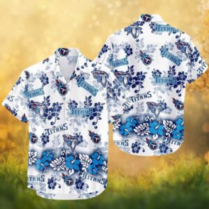 Tennessee Titans White & Blue Floral Hibiscus Print Hawaiian Shirt