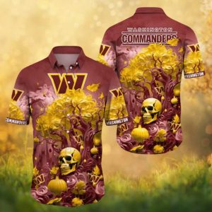 Washington Commanders Burgundy Gold Skull and Autumn Pumpkin Hawaii Hawaiian Shirt Washington Commanders Burgundy Gold Skull and Autumn Pumpkin Hawaii Hawaiian Shirt