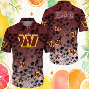 Washington Commanders Skull & Floral Hawaiian Shirt Burgundy Washington Commanders Skull & Floral Hawaiian Shirt Burgundy