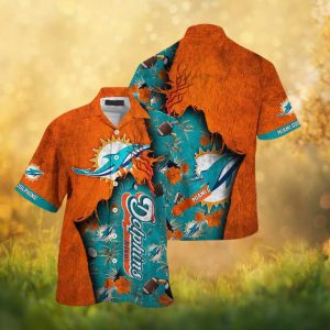 Miami Dolphins Ripped Stone Teal & Orange NFL Hawaiian Shirt