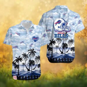Buffalo Bills NFL Beach Hawaiian Shirt Blue Sky Clouds and Tropical Palm Trees Design