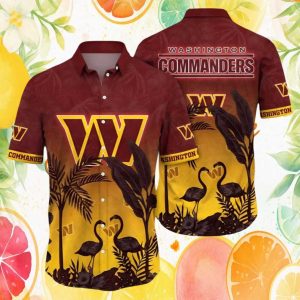 Washington Commanders Sunset Flamingo & Palm Silhouette Hawaiian Shirt Washington Commanders Sunset Flamingo & Palm Silhouette Hawaiian Shirt
