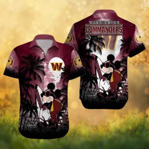 Washington Commanders Mickey Mouse Surfing Sunset Hawaiian Shirt