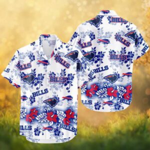 Buffalo Bills Tropical Hibiscus Floral White Royal Blue Hawaiian Shirt