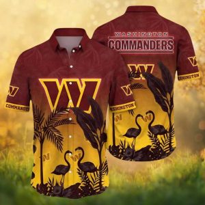 Washington Commanders Sunset Flamingo & Palm Silhouette Hawaiian Shirt