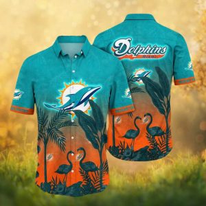 Miami Dolphins Teal Sunset Flamingo Tropical NFL Hawaiian Shirt