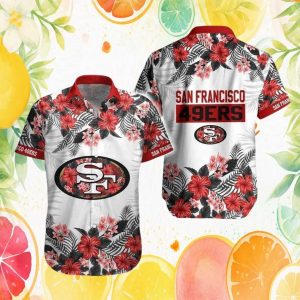 San Francisco 49ers White & Red Hibiscus Floral Summer Button Down Hawaiian Shirt San Francisco 49ers White & Red Hibiscus Floral Summer Button Down Hawaiian Shirt
