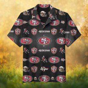 San Francisco 49ers Black Helmet & Shield Logo Pattern Button Up Hawaiian Shirt