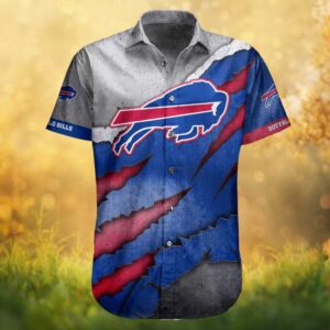Buffalo Bills Scratched Metal Style Graphic Button Up Hawaiian Shirt Distressed NFL Apparel