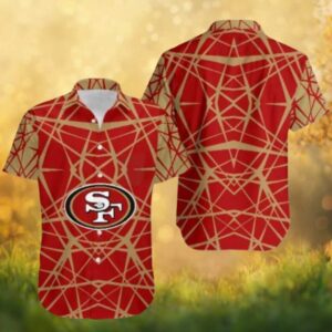 49ers Gold Geometric Lattice Pattern Red Button Down Hawaiian Shirt