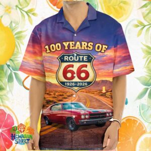 100 Years of Route 66 Heritage 1926 2026 Red Muscle Car Sunset Hawaiian Shirt