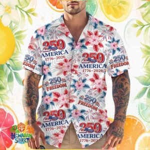 250 Years of Freedom America Floral Fireworks Summer Hawaiian Shirt