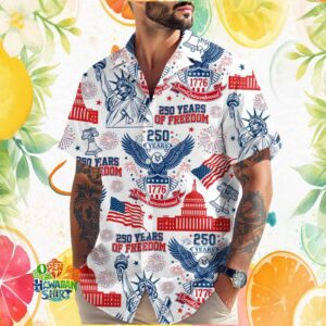 250 Years of Freedom USA Landmarks & Symbols Patriotic Button Down Hawaiian Shirt