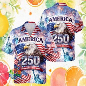 America 250 Years Celebration Fireworks and Bald Eagle Patriotic Hawaiian Shirt