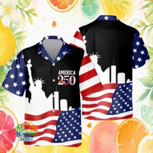 America 250 Years Statue of Liberty Skyline Patriotic Stars and Stripes Hawaiian Shirt