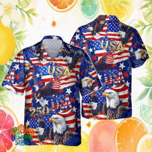 America 250th Anniversary Bald Eagle USA Flag Patriotic Hawaiian Shirt