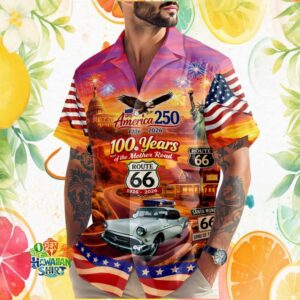 America 250th & Route 66 100th Anniversary Vintage Sunset Car Hawaiian Shirt