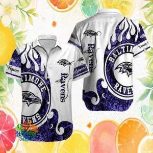 Baltimore Ravens Custom Name White and Purple Flame Print Hawaiian Shirt