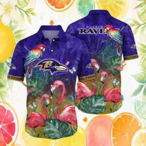Baltimore Ravens Exotic Parrot and Pink Flamingo Hawaiian Shirt