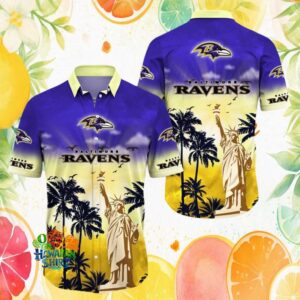 Baltimore Ravens Statue of Liberty Sunset Tropical Beach Polo Hawaiian Shirt