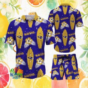Baltimore Ravens Surfboard & Hibiscus Floral Set (Hawaiian Shirt & Shorts)