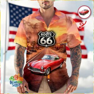 Classic Red Car Route 66 & Mount Rushmore Patriotic Landmark Hawaiian Shirt