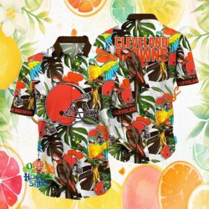 Cleveland Browns Exotic Parrot and Monstera Leaf Tropical NFL Hawaiian Shirt