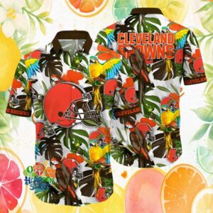 Cleveland Browns NFL Parrot & Jungle Floral White Hawaiian Shirt