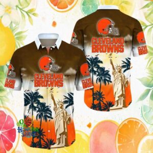 Cleveland Browns Statue of Liberty Tropical Palm Tree Sunset Polo Hawaiian Shirt