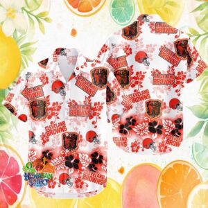 Cleveland Browns White Tropical Hibiscus & Bulldog Logo Hawaiian Shirt