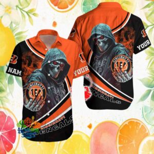 Custom Name Cincinnati Bengals Flaming Skull Reaper NFL Hawaiian Shirt