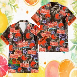 Custom Name Cleveland Browns Tropical Floral Helmet NFL Hawaiian Shirt