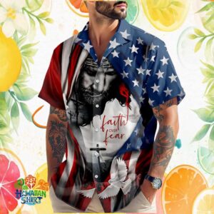Faith Over Fear Jesus Cross & Dove American Flag Patriotic Hawaiian Shirt