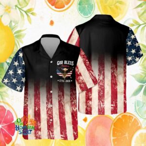 God Bless America 1776 2026 Distressed Flag Cross Patriotic Hawaiian Shirt
