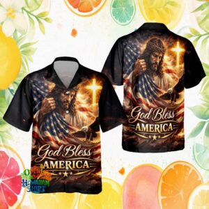 God Bless America Faith Based Patriotic Jesus and US Flag Button Down Hawaiian Shirt